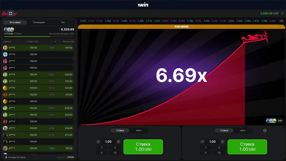 Ігровий процес Aviator у 1win з множником 6.69x і численними ставками гравців