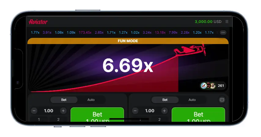 Aviator на мобільному з коефіцієнтом 6.69x у демо-режимі