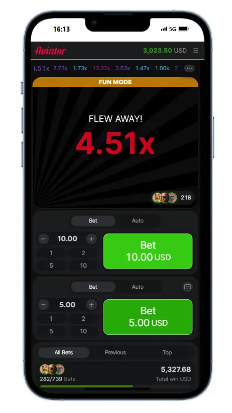 Aviator завершив раунд на 4.51x, ставки по 10 і 5 доларів